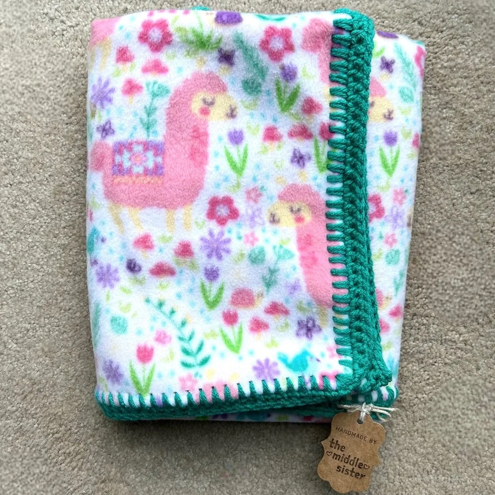 Handmade Baby Blanket 2-Ply Fleece Crochet Edging Llama Toddler Stroller Lovey - Picture 1 of 4